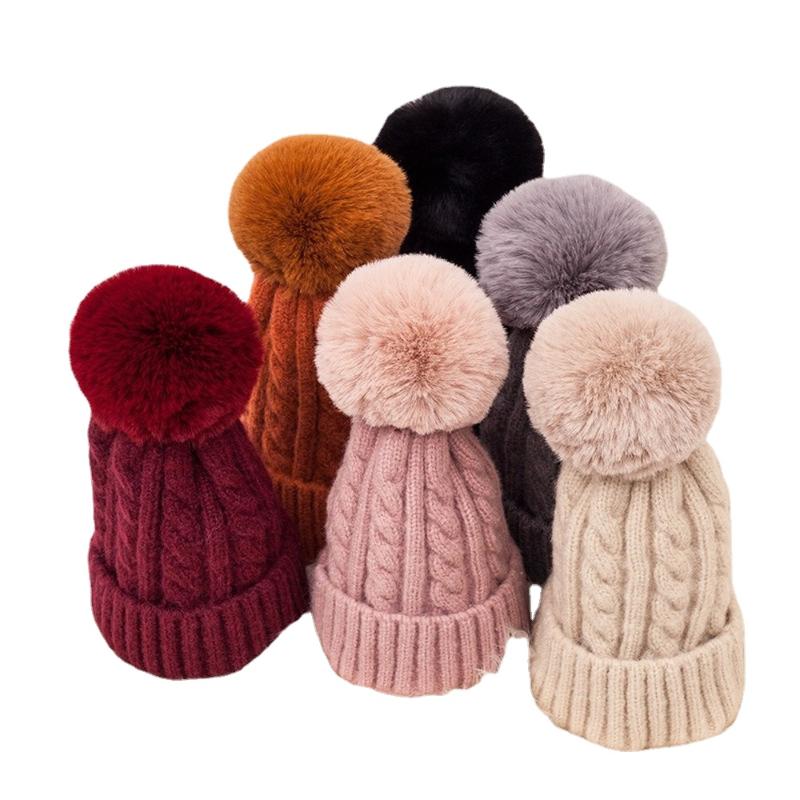 

Berets Winter Head Hood Warm Twist Wool Cap Mixed Color Disassembly Fluffy Pompom Ball Knitting Hat Skullies Beanies Female Bonnet, Black