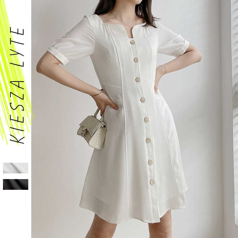 

Summer Dress Women White Black Breasted French High Waist Mini es Chic Vestido 210608
