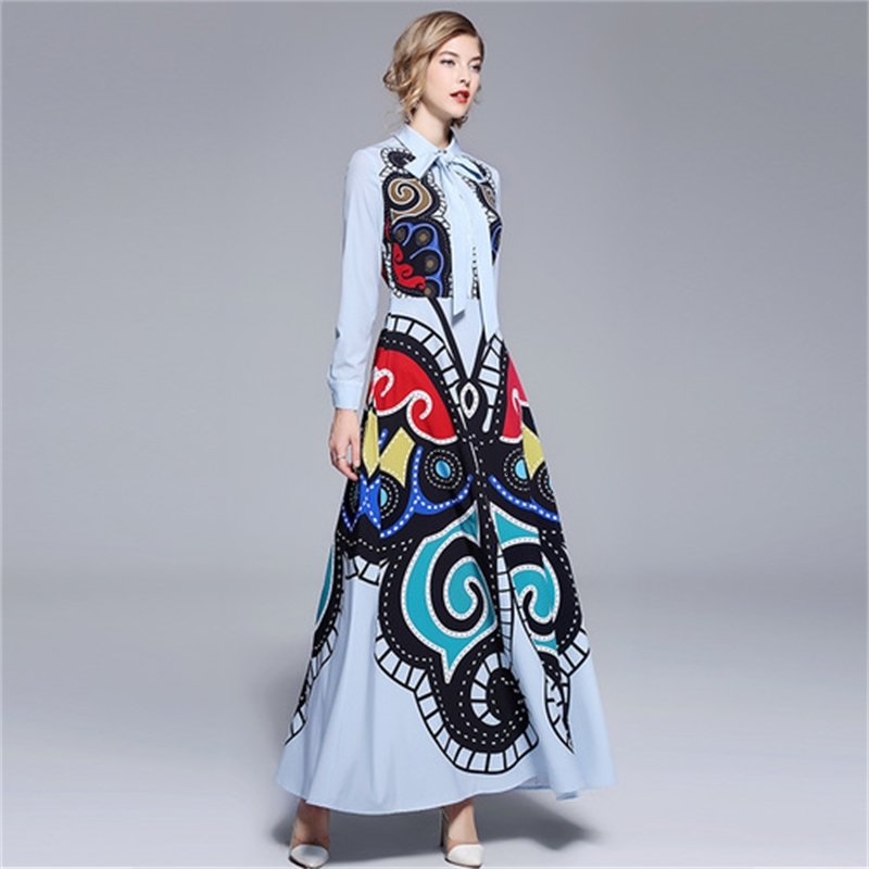 Casual Dresses Spring Summer Runway Vestidos Mexican Women Elegant Long Sleeve Vintage Geometric Print Belt Pleated Maxi 9DLO-image-699447926