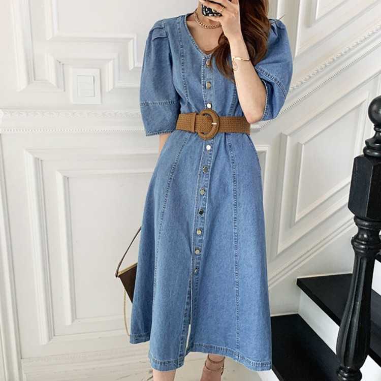 

Women Dress Korea Retro Temperament Denim V-Neck Single-Breasted Slim Waist Puff Sleeve Chic Long With Belt Vestido 210526, Blue
