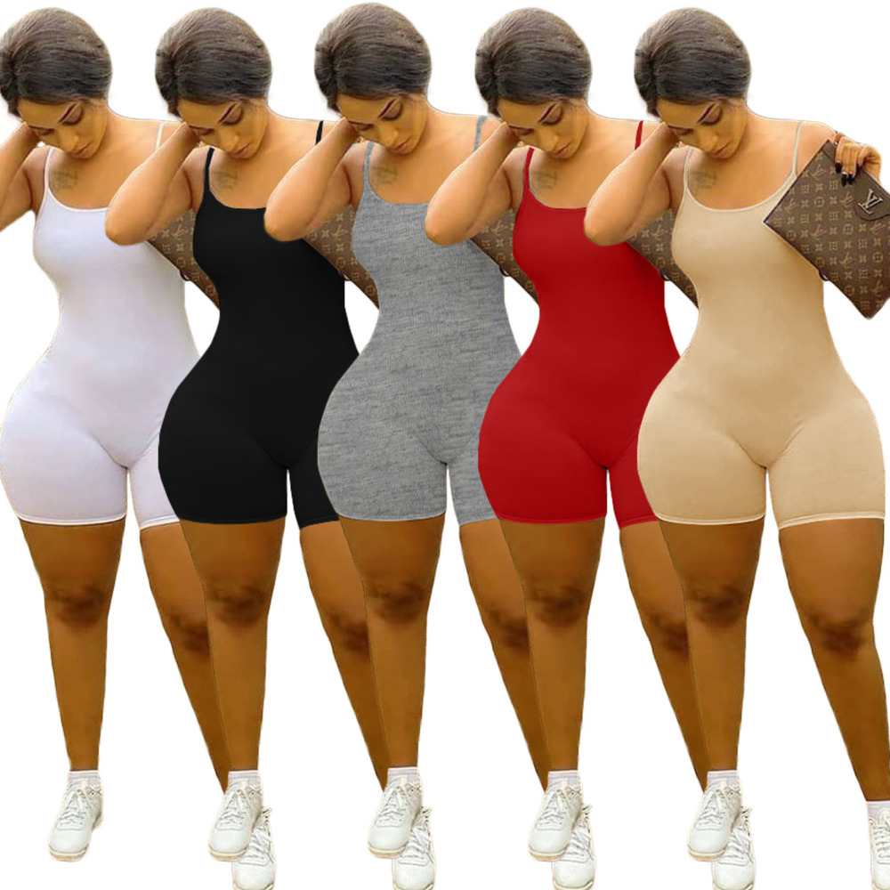 

Women Suspender Jumpsuit Fashion Sexy Slim Vest round neck Shorts One Piece Nightwear Casual Tight Trousers Rompers Solid Color, White