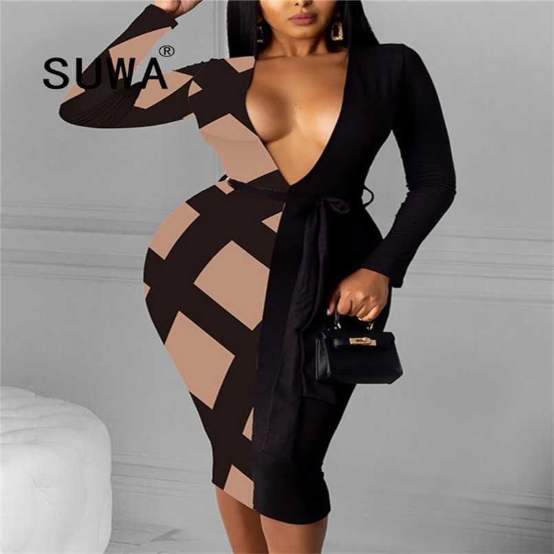 

Black Striped Patchwork Autumn Winter Women Dresses Arrival Deep V Neck Long Sleeve Party Dress Elegant French Style 210525, Multi