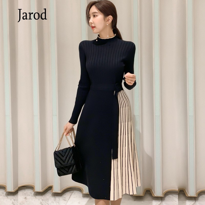 

Arrivals Women Fashion Knitted Long Sleeves Office OL Waistband Ladies Casual Pleated Sweater Dresses Vestido Da Festa 210518, Picture color