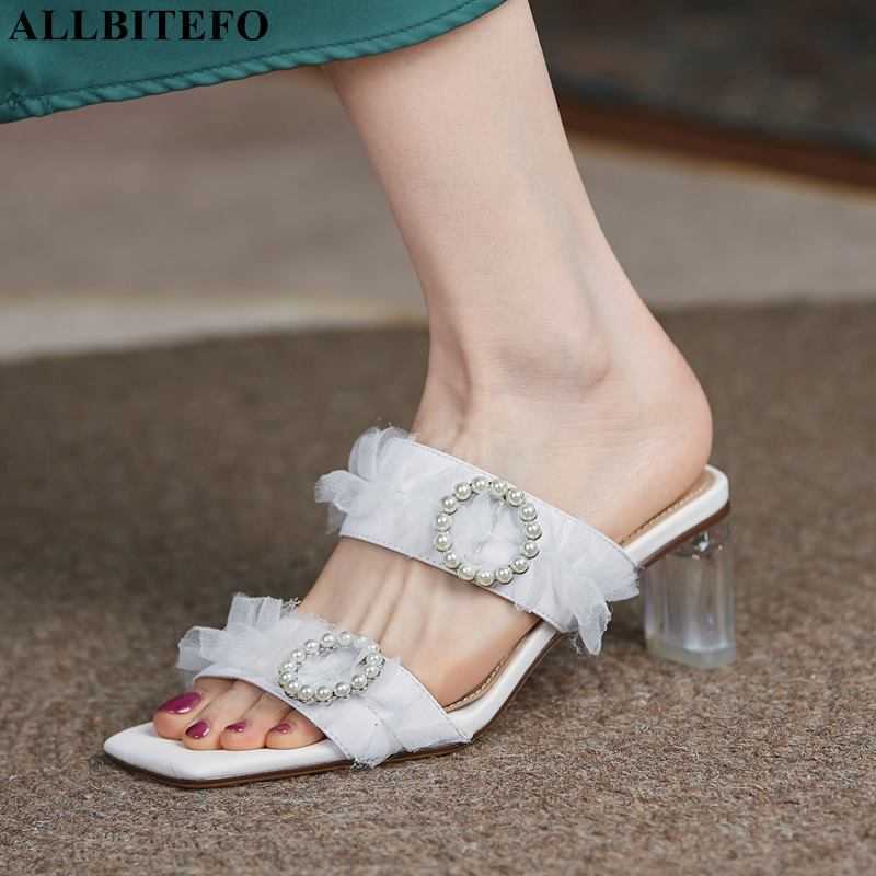 

ALLBITEFO Peep Toe Sandals Genuine Leather Sheepskin Insole Women Slippers Summer Expose The Heel Flip Flops Women Heels Shoes 210611, As picture