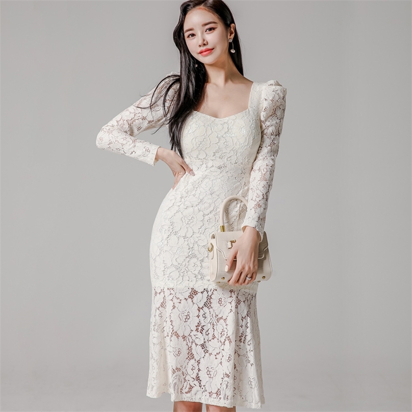 

fall lace korean ladies lOng Sleeve See through square neck white loose party Dresses for women china clothing 210602