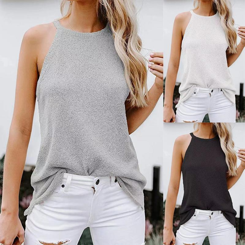 

Women' Blouses & Shirts Blouse Sexy Fashion Loose Hanging Neck Knitted Small Undershirt Female Tops Solid Color O-neck Sleeveless Girl, Black