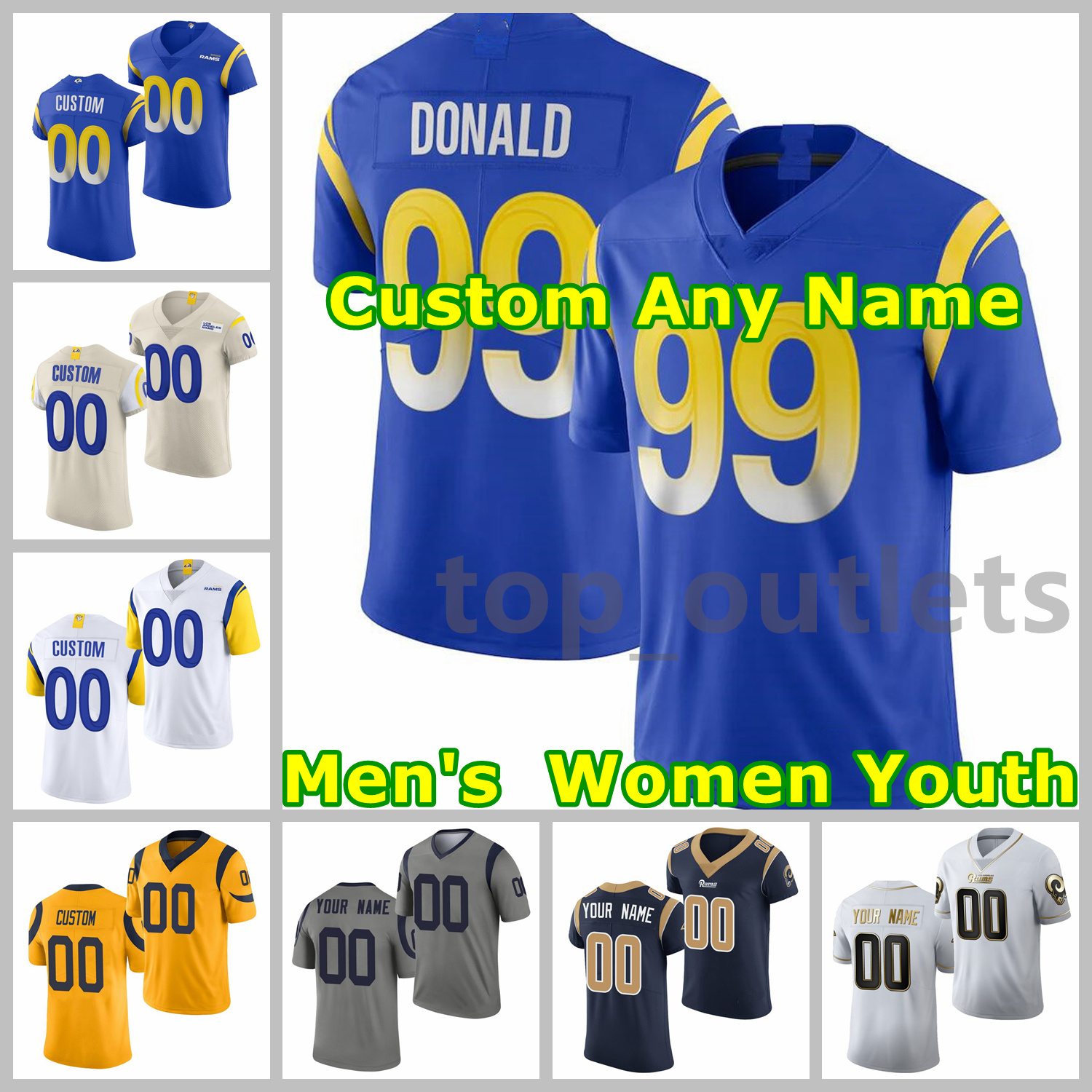 

2021 Rams American Football Jerseys Aaron Donald Jersey Kurt Warner Jerome Bettis Marshall Faulk Eric Dickerson Jared Goff Custom Stitched Size S-XXXL, As photo