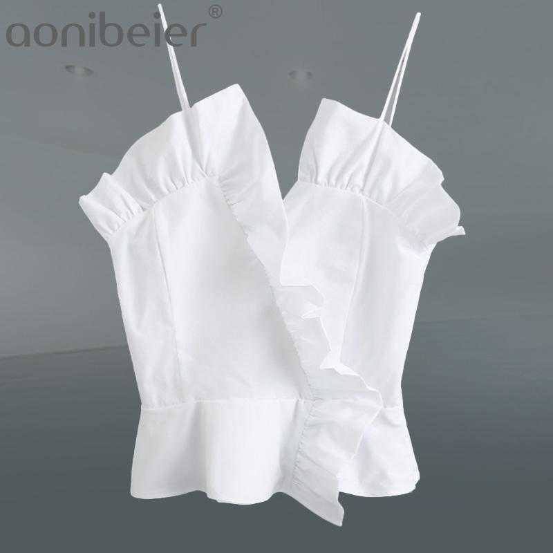 

Summer Women's Sexy Fashion Ruffle Cut Shirt Solid Color V-neck Open Back Laminated Decorative Strap Top 210604, White
