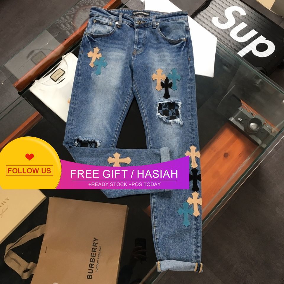 

Chome Heartcorrect Version of Fashion Brand Ch Crosin Pants Men's Hong Kong Style Loose Straight Cross Split Leather Straight Leg Jeans, Blue