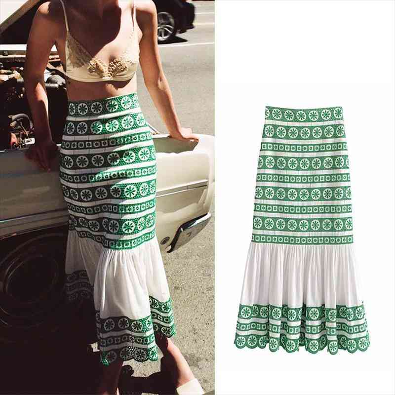 

traf embroidered midi za chic women skirt fashion patchwork hem vintage high waist zipper female skirts mujer, Black