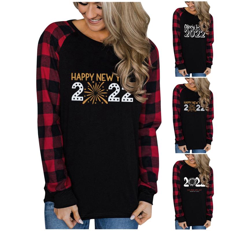 

Women's T-Shirt 2022 Year Tshirt Women Clothing Round Neck Harajuku Plus Size T Shirt Plaid Printing Long Sleeve Casual Christmas Top, Wh