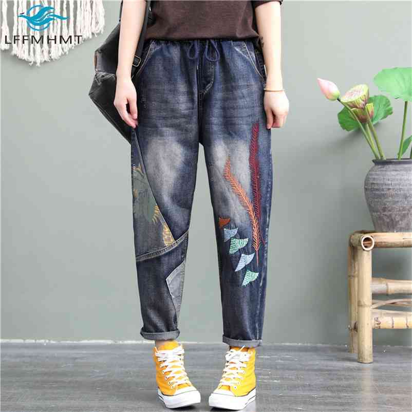 

Women Spring Autumn Fashion Loose Casual Denim Jeans Office Lady Elastic Waist Embroidered Harem Pants Female Large Size Trouser 210629, Blue