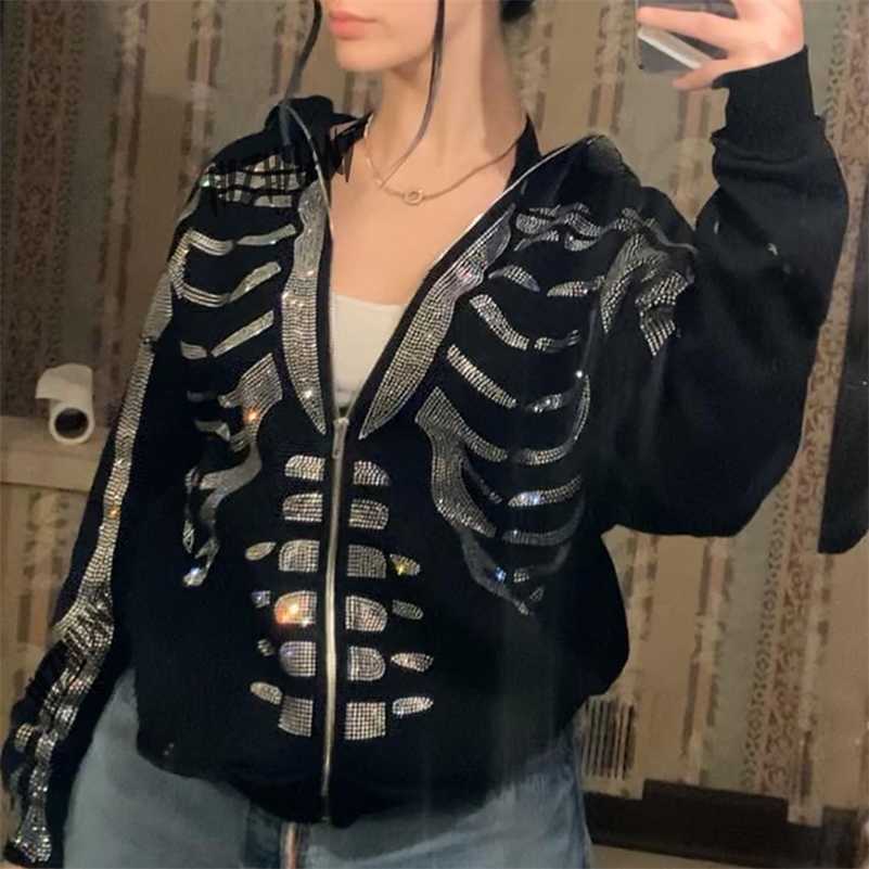 

Zip Up Skull and Crossbones Hoodie y2k grunge Women's Oversized Sweatshirt Punk Harajuku Long Sleeve Outerwear 211023, Black