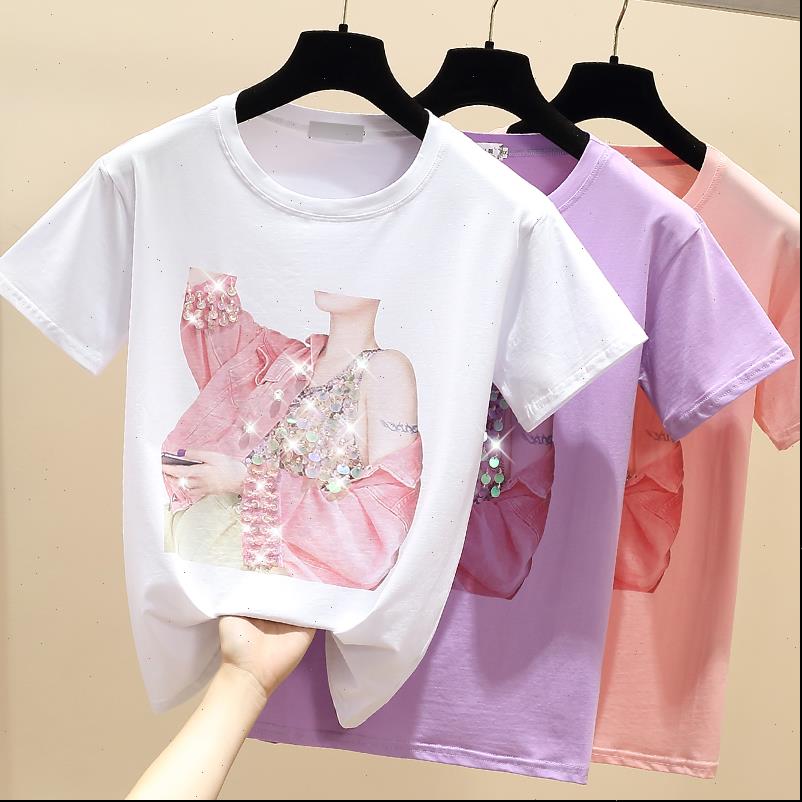 

summer womens t shirt short sleeve women purple cotton korean style clothes beading tee femme, White