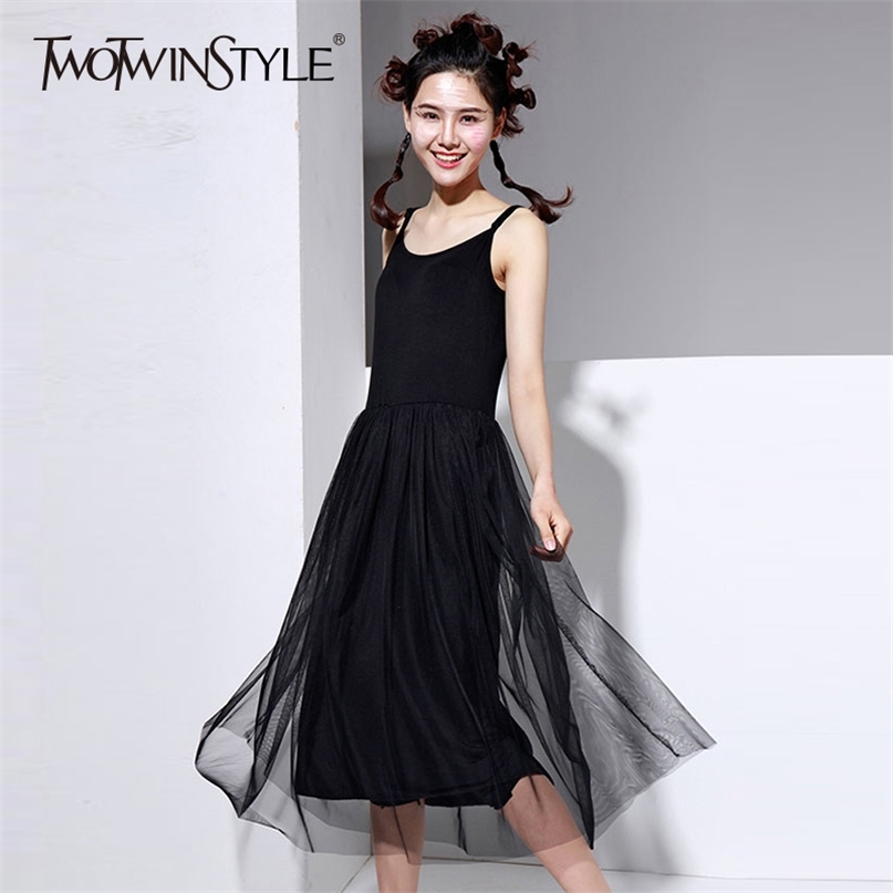 

Mesh Suspenders Dress Female Sleeveless O Neck Tunic High Waist Draped Midi Dresses Spring Summer Fashion 210520, Blue