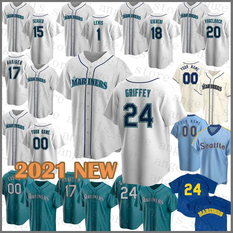 

Seattle Custom Mariners 24 Ken Griffey Jr. Baseball Jersey 1 Kyle Lewis 51 Ichiro Suzuki 11 Edgar Martinez 20 Dan Vogelbach 18 Yusei Kikuchi, Blue;black