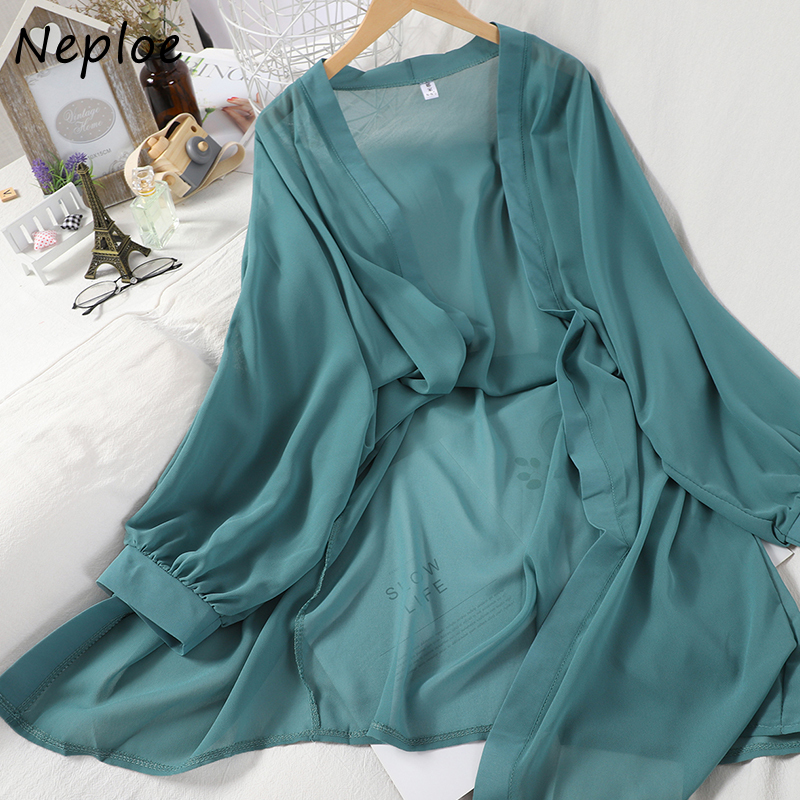 

Neploe Korean Women Long Sleeve Chiffon Blouses Vintage V Neck Solid Long Feamle Shirts Summer Outwear Blusas Mujer 1E418, White