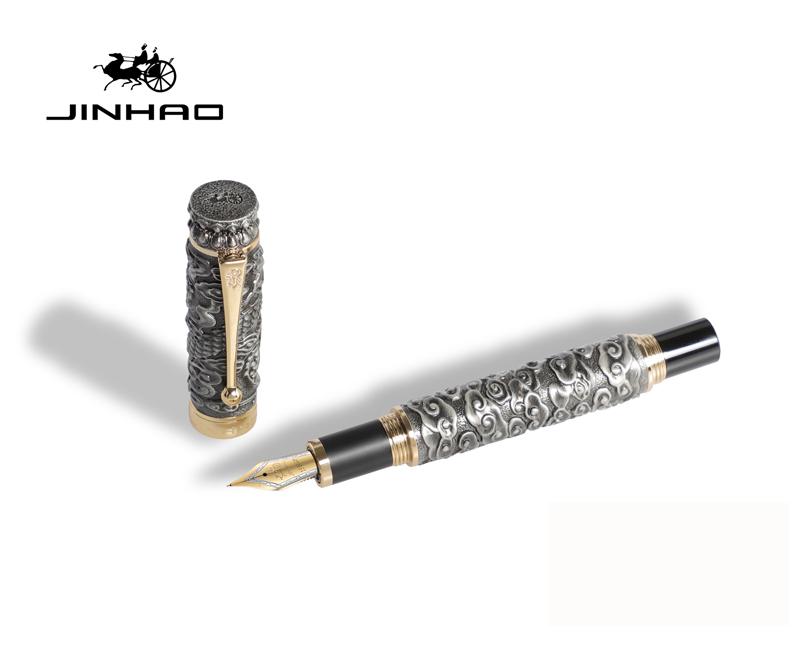 

Jinhao Elegant Metal Fountain Pen Dragon Cloud Heavy Big Medium Nib Ancient Gray Carving Embossing Collection Pens