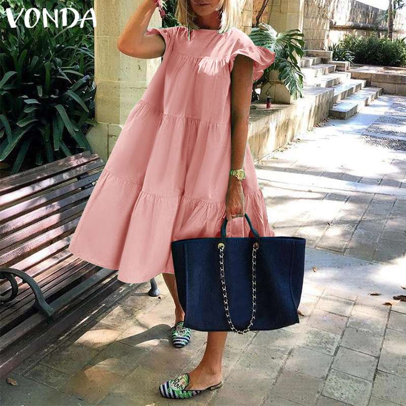 

Summer Dress VONDA 2021 Holiay Summer Sundress Women Vintage Ruffled Party Dresses Casual Vestidos Femme Robe Plus Size Robe, Rose
