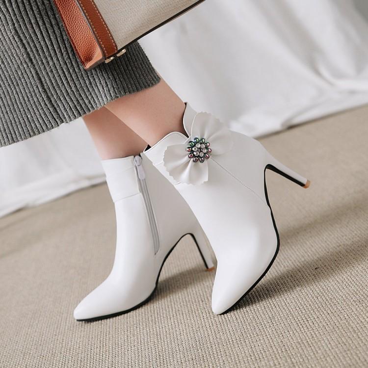 

Boots Oversized -17 Women Shoes Ankle For Ladies Side Zipper With Bow Diamond Flower, Black