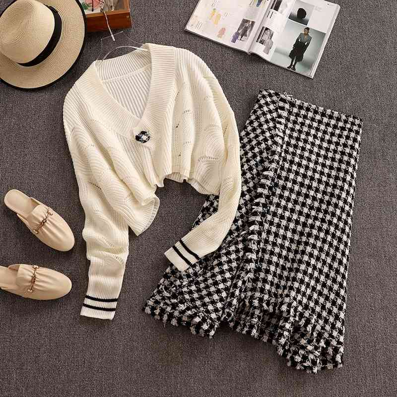 

skirt Fashion Two Outfits Knit Sweater Cropped Tops + Irregular Tweed Suits High Street Women 2 Piece Sets WK9E, Black