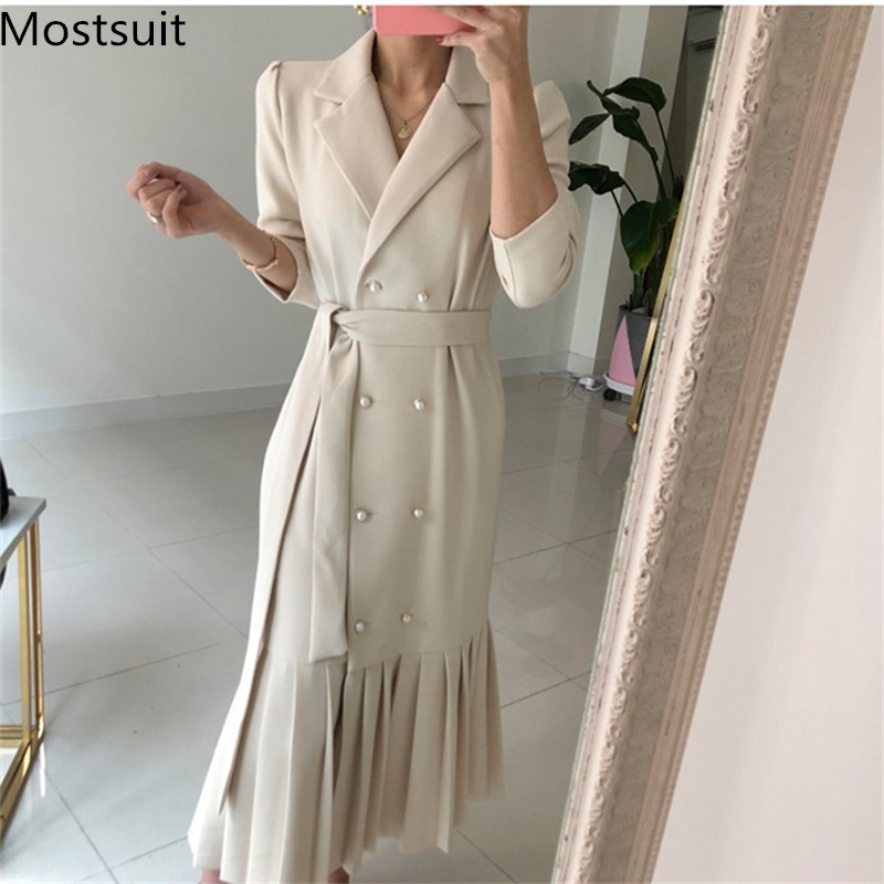 

Autumn Korean Office Women Suit Dress Long Sleeve Double-breasted Belted Pleated Dresses Fashion Elegant Ladies Vestid 210518, Black