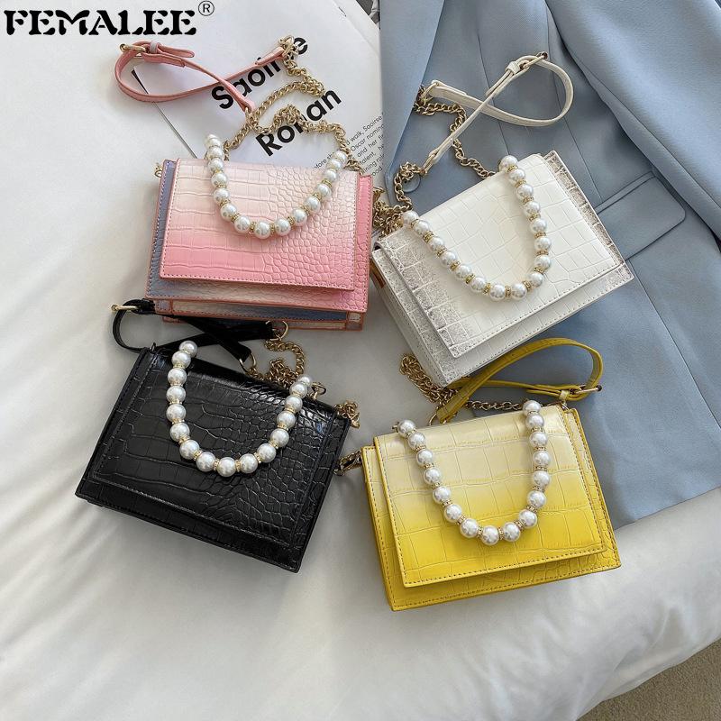 

Shoulder Bags Stone Pattern Gradient Handbags For Women Luxury Pearl Handle Chains Crossbody Purses 2021 Alligator Mujer Hand, Black