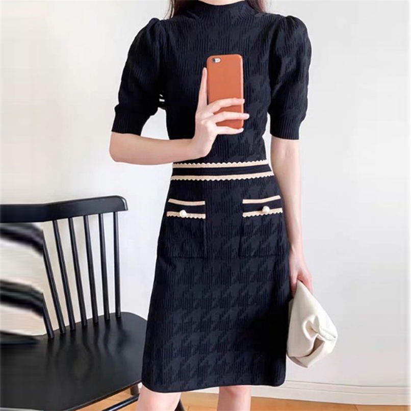 

autumn and winter women's fashion slim knit black high neck dress jacquard stitching color short sleeve retro evening 210520, The picture color
