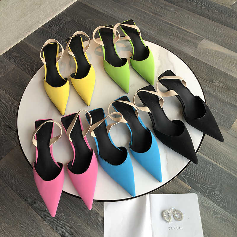 

Fashion Thin Heels Sandals Slippers Women Pointed Toe Slingback Sandals for Women Party Shoes Sexy Mules Shoes Candy Color Pumps Y0721, Black