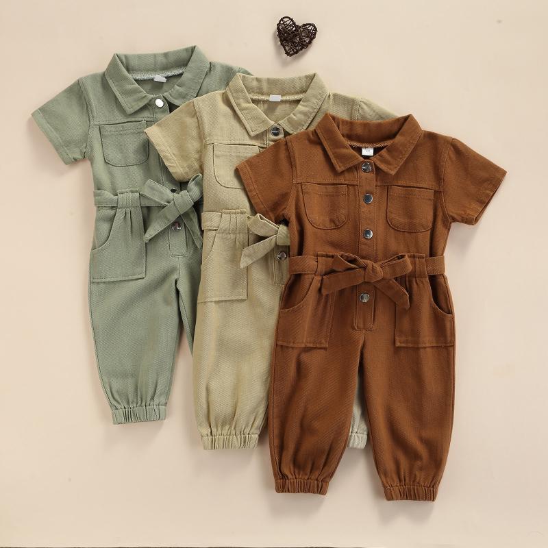 

Jumpsuits 1-5Y Toddler Kids Girl Summer Clothes Short Sleeve Romper Fashion Single Breasted Sashes Pocket Rompers Overalls, Blue