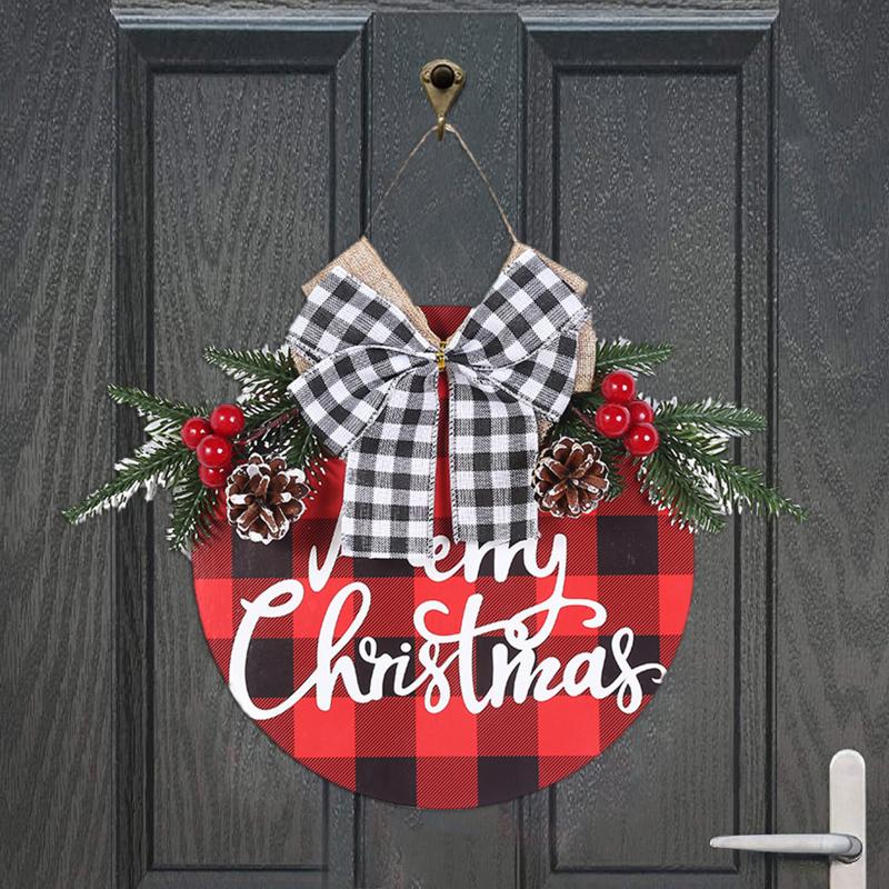 

Christmas Decorations Wooden Home Shop Front Door Plaid Wreath Hanging Welcome Sign Year 2022 Festival Ornaments Craft Gift Decoration