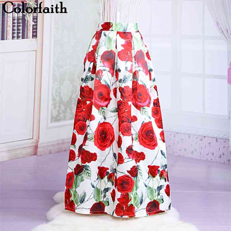 

Skirts 23 Patterns Maxi Women Fashion Satin Flared Long Vintage Retro Rose Floral Print Pleated SK064 210427, Silver