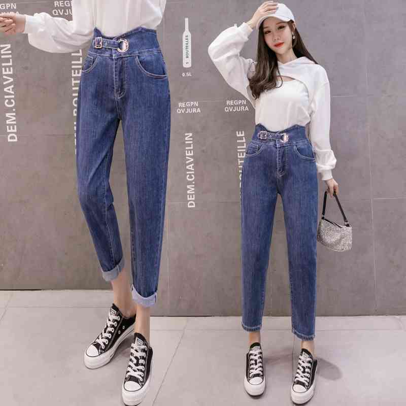

High Waist Jeans Woman Plus Size Street Style Denim Pants with Belt Cotton Loose Coated Vintage Boyfriend Blue Harem 210603