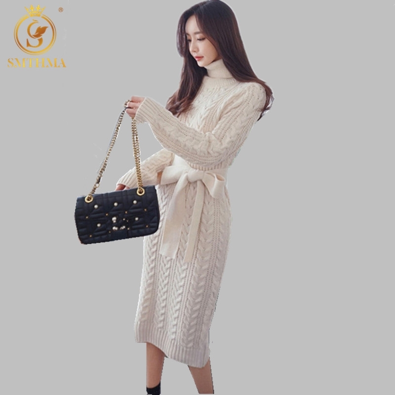 

Fall Winter KoreanTurtleneck Long-sleeved Women's Sweater Dress Twist Knitting Pullover 210520, Photo color