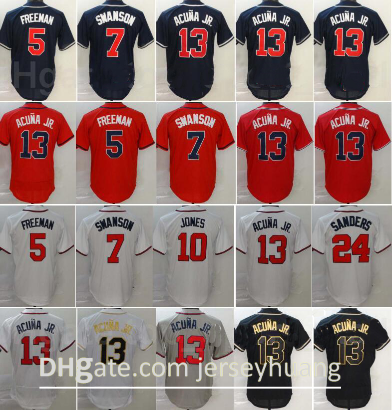 

2020 New Men Baseball 13 Ronald Acuna Jr Jerseys 5 Freddie Freeman 7 Dansby Swanson 24 Deion Sanders Navy Blue White Red Cool Base