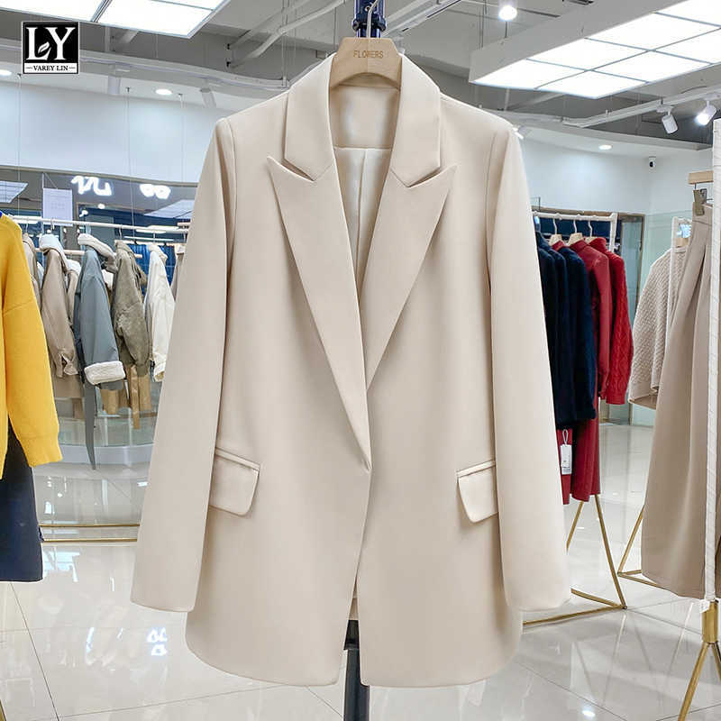 

LY VAREY LIN Spring Women Turn-down Collar Sash Tie Up Blazer Elegant Office Lady Beige Black Long Sleeve with Belt 210526