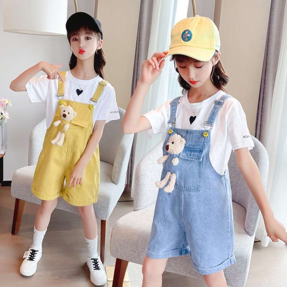 

Children's summer short sleeve suspenders set fashionable girls' thin shorts Korean two piece, White