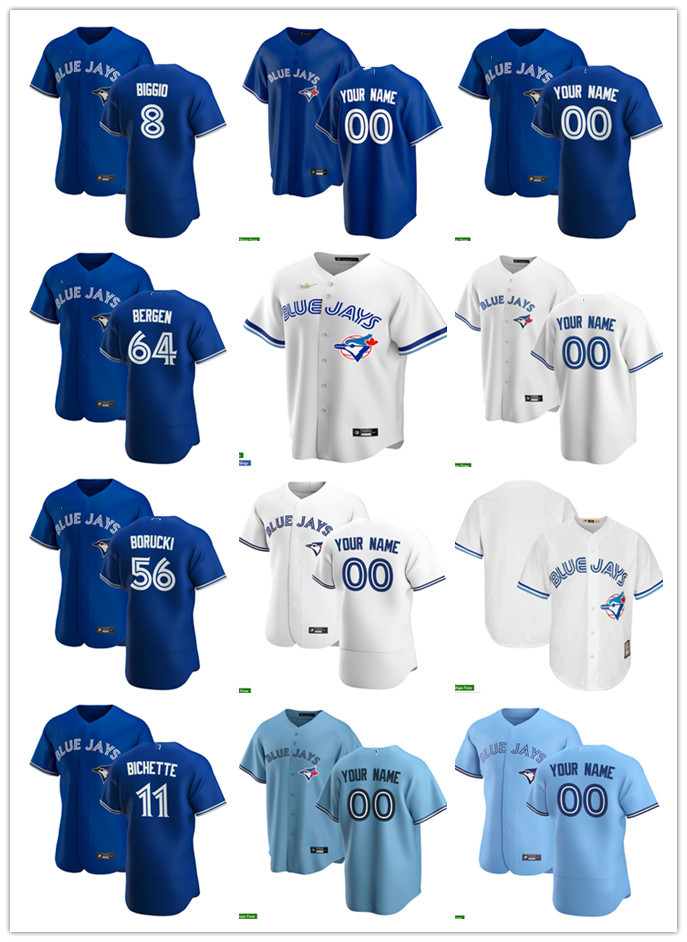 

Men Women Youth Toronto Blue Jays 64 Travis Bergen 11 Bo Bichette 8 Cavan Biggio 56 Ryan Borucki Custom Baseball Jersey Blan, Blue;black