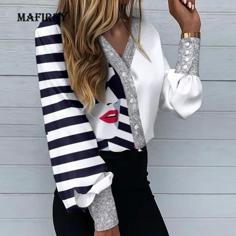 

Women's Blouses & Shirts Spring Autumn Long Sleeve Vintage Button Tops Women V Neck Stripe Printed Blouse Elegant Lady Patchwork Office Shir, White