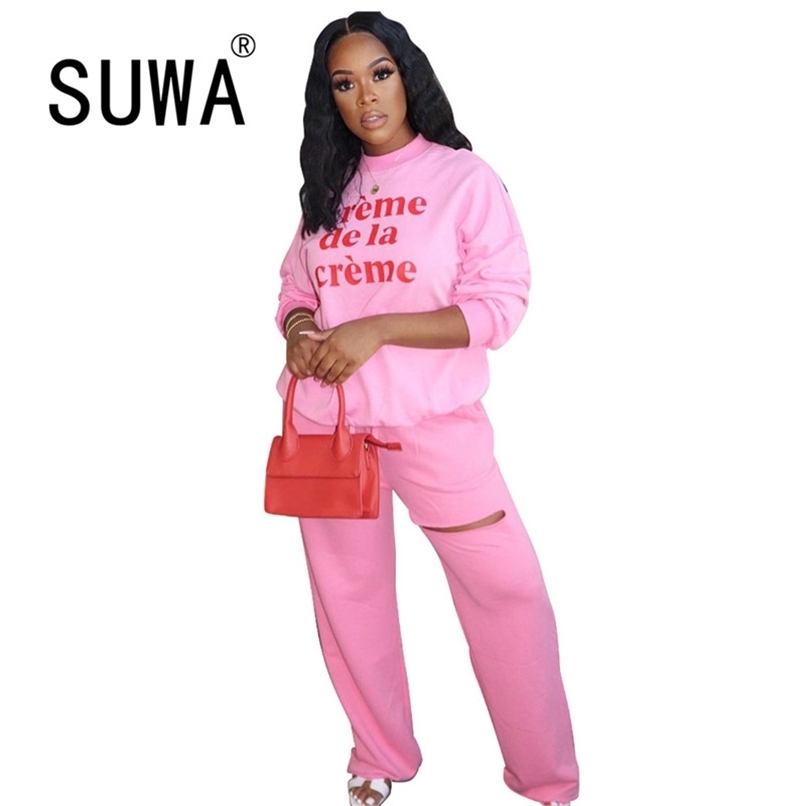 

Casual Club Outfits Women Letter Printed Hoodies Sweatshirt And Wide Leg Pants Home Wear Streetwear Sportswear 210525, Pink