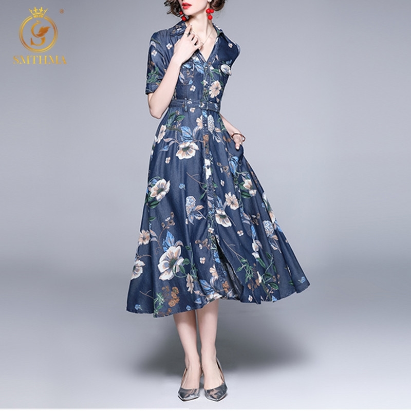 

Arrival Women Denim Dress Printed Casual Summer Clothing Ladies Vintage Vestidos Shirt Dresses 210520, Photo color