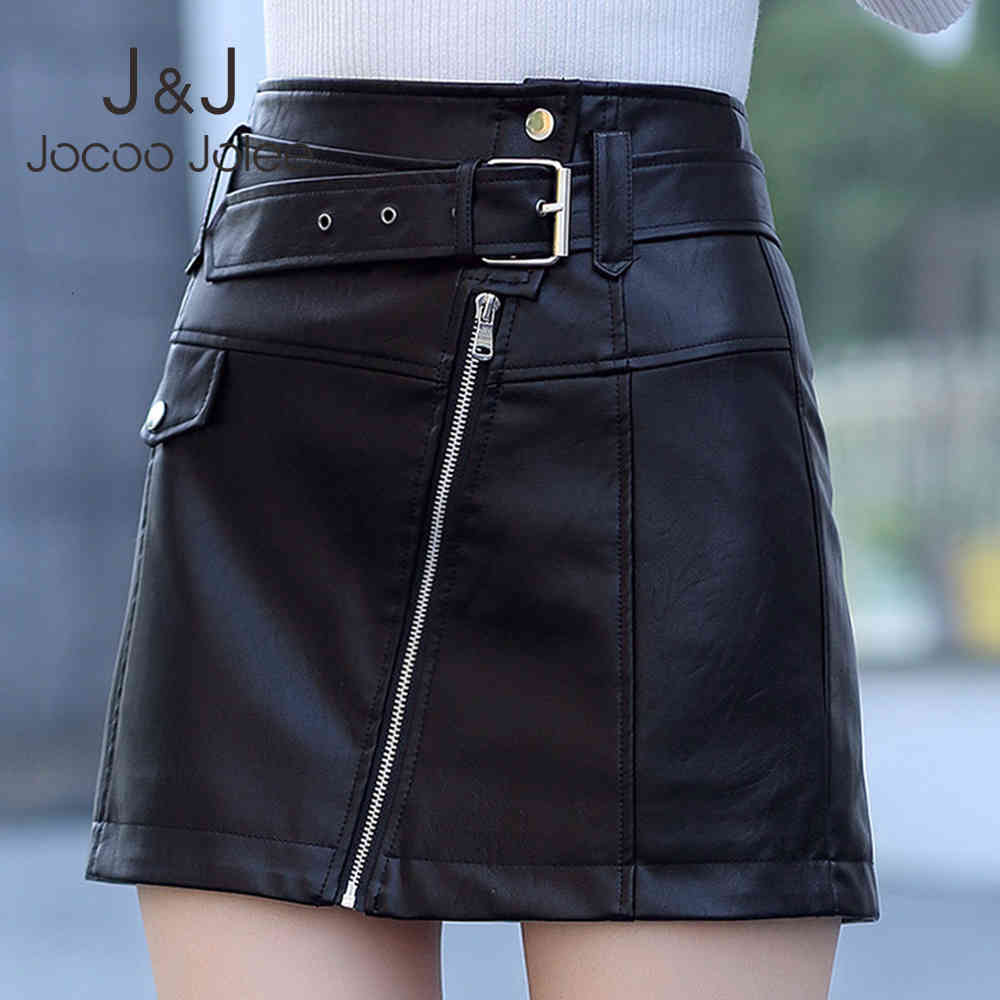 

Jocoo Jolee Women Fashion High Waist Black PU Leather Skirts Office Lady Slim Mini Skirt Casual Faux Leather Mini A-line Skirts 210518
