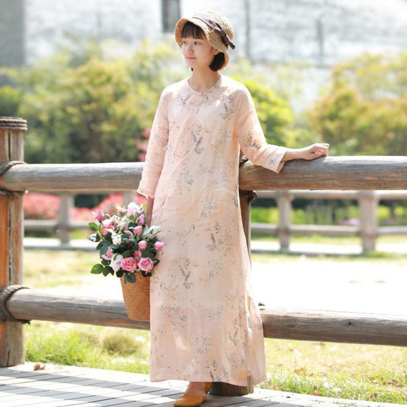 

Johnature Spring Fashion Jacquard Plate Buckle O-neck Pockets Cheongsam Dresses Simple Comfortable Women Retro Dress 210521, Pink