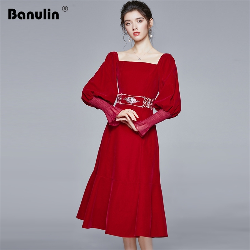 

Banulin Runway Autumn & Winter Elegant Lantern Sleeve Embroidery Velvet Dress Women's Square Collar Long Christmas 210603, Red