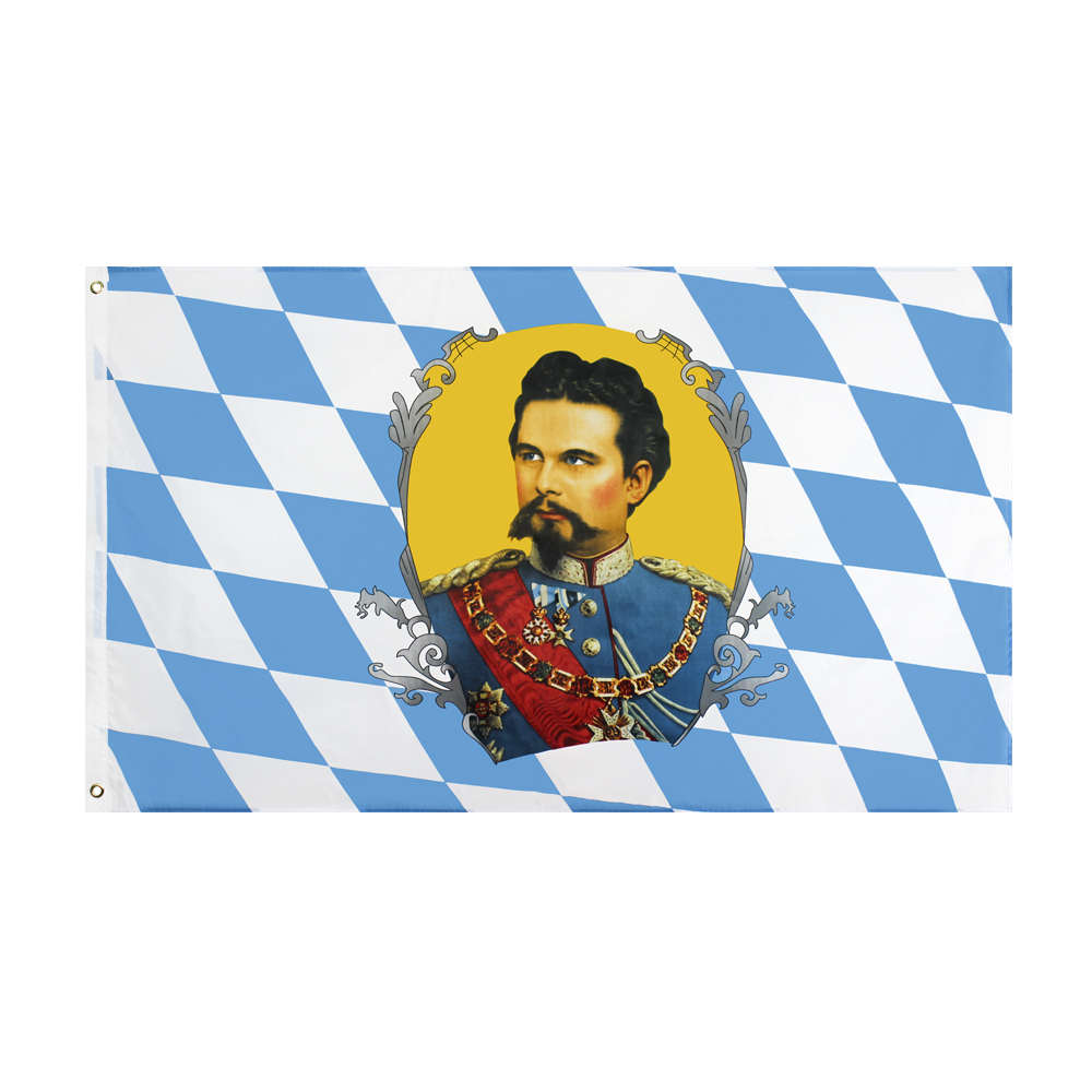Bayern King Ludwig II Flag Retail Direct Fabryka Hurtowa 3x5fts 90x150cm Banner poliestru wewnętrzny Zastosowanie zewnętrzne na zewnątrz głowa z metalowym przelotem