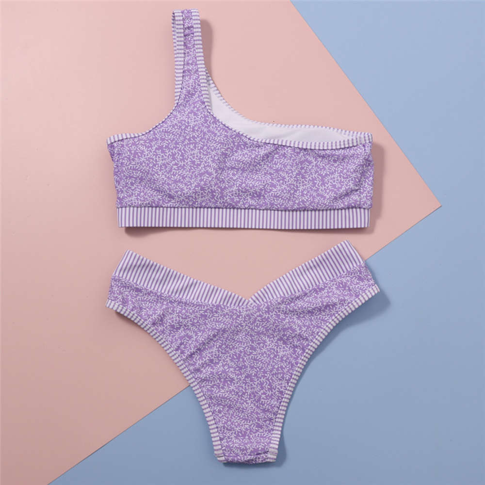 

swimsuit women' split high waist one shoulder sexy printed Swimsuit, Purple