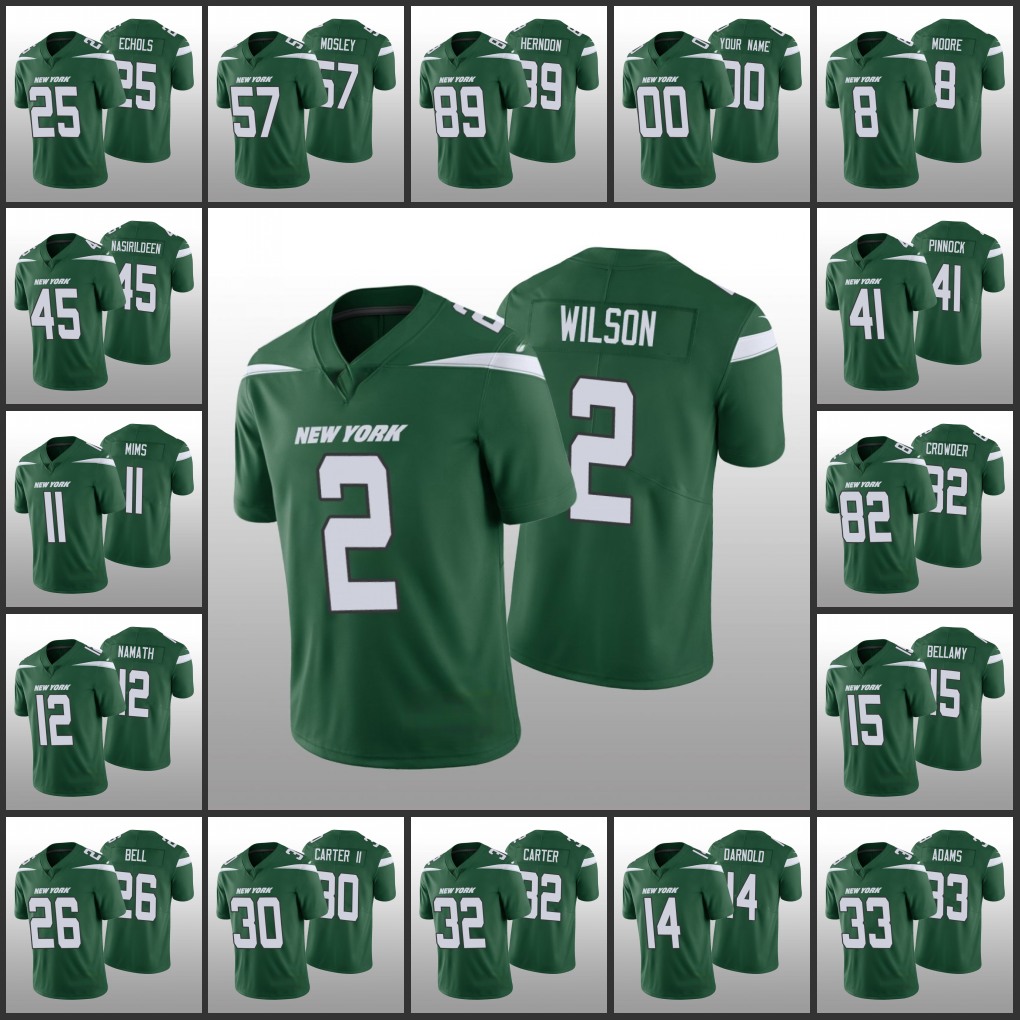 

New YorkJetsMen Women Youth #8 Elijah Moore 2 Zach Wilson 12 Joe Namath 57 C.J. Mosley Custom Green Limited Jersey