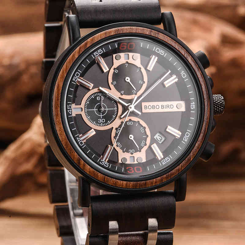 

BOBO BIRD Watch Men montre Wood Watch Men Chronograph Military Watches Luxury Stylish Dropshipping with Wooden Box reloj hombre LY191213, Slivery;brown