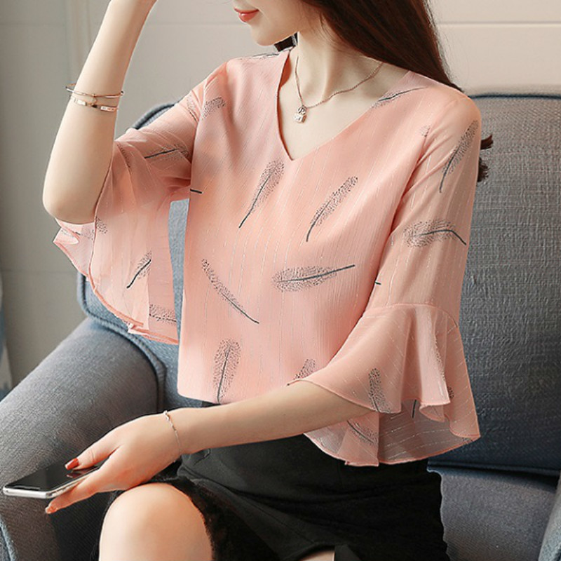 

short sleeve ruffles summer women' shirt blouse for women blusas womens tops and blouses chiffon shirts ladie' top plus size 210518, Pink