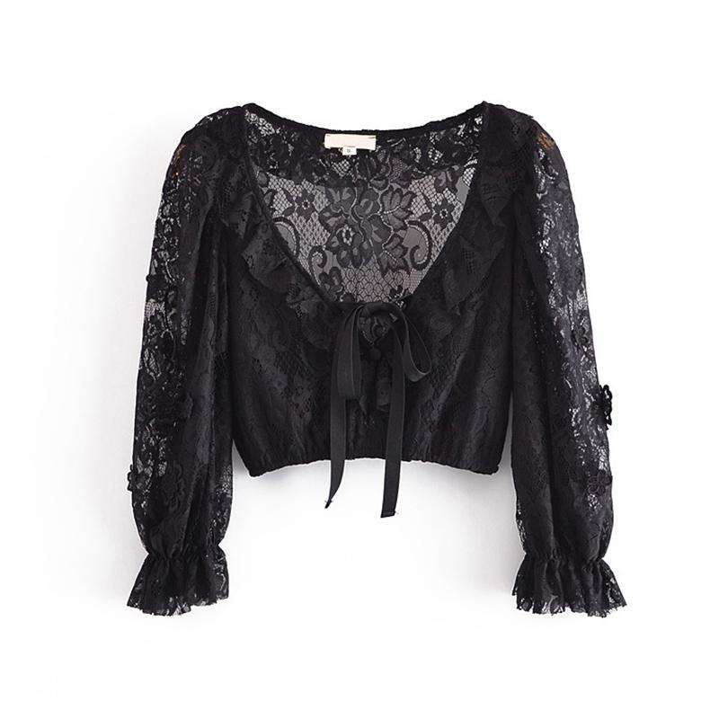 

Women' Blouses & Shirts YENKYE Sexy Transparent Lace Blouse Shirt Women Deep V Neck Puff Sleeve Crop Top Female Summer Fashion Chic Blusas, As picture